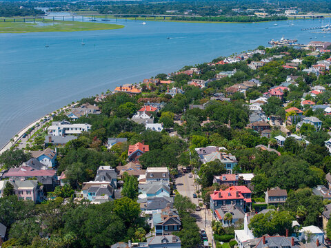 Aerial shot of homes along the waterfront in Charleston South Carolina USA