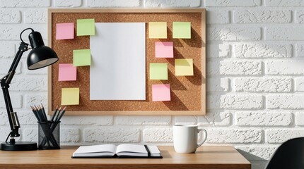 Obraz premium Cork board with colorful sticky notes and paper sits on a wooden desk beside a lamp and open notebook. White brick wall forms background for this tidy workspace with office supplies.