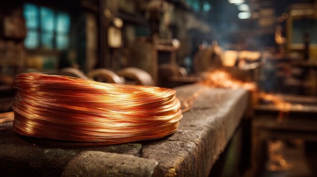 Coil of shiny copper wire on a workbench in a rustic industrial workshop with sparks and machinery in the background showcasing craftsmanship and metalworking processes