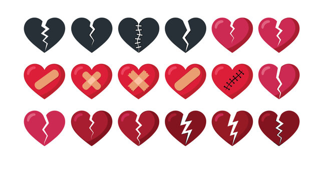 Broken and mended hearts flat vector illustration set featuring stitched bandaged and cracked symbols isolated on white background