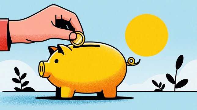 Human hand puts gold coin into yellow piggy bank. Person saves money for future investment budget. Minimalist cartoon style shows bright sun, plants in background. Concept of wealth growth, financial