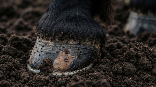 Close up of black horse hoof stepping in dark wet mud. Large equine foot shows detailed texture of keratin, dirt. Animal leg stands on damp soil ground in farm pasture. Heavy hoof presses into earthy