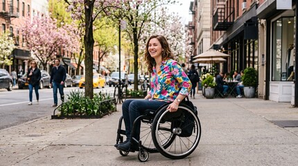 Obraz premium Young woman in wheelchair smiling on a city street during spring with blooming trees