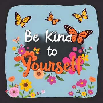 Colorful butterflies and flowers with text 'Be Kind to Yourself'