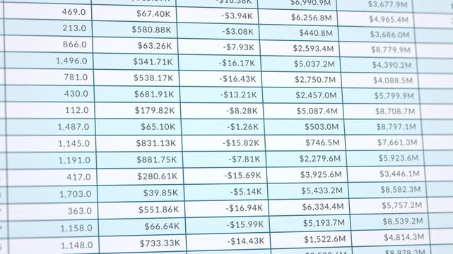 Closeup financial income table and accounting document on screen, live business sale data analysis spreadsheet, company balance sheet finance number statement, product market revenue statistics report