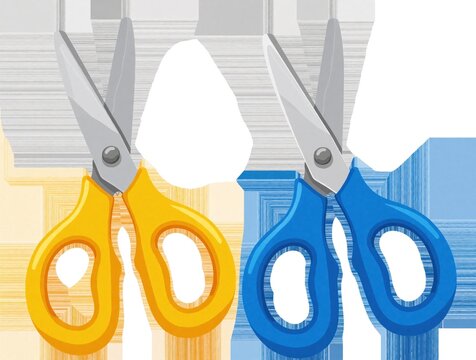 Two pairs of plastic kids scissors with yellow, blue handles. Metal blades open for cutting. School supplies for children craft project preschool art class. Simple cartoon style graphic design for