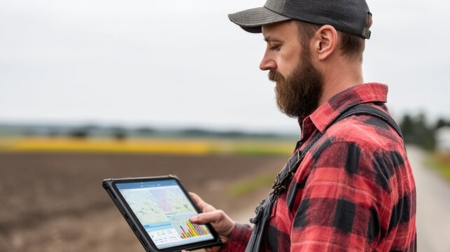 Young male farmer uses digital tablet for precision agriculture analysis in rural field showcasing modern farming technology and data management practices