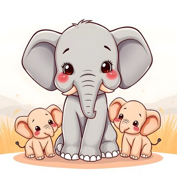 A family of elephants with one adult and two baby elephants in a natur