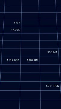 Random financial number database process on screen, computer spreadsheet table calculation, finance company number statement software, technology market statistic report animation