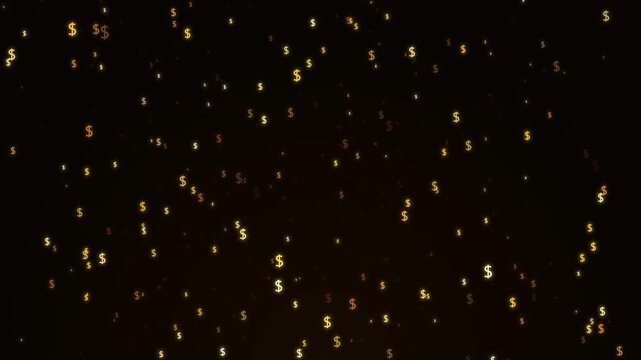 Golden dollar sign floating on a black background, business finance earnings and gold money trading profit motion graphic, exchange rates currency investment market symbol particle