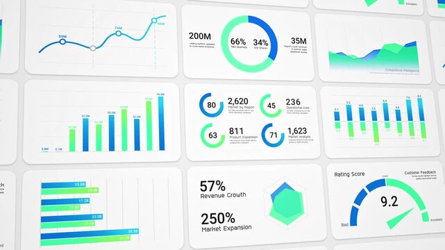 Business intelligence and financial performance analysis report on white background, animated infographic bar chart, investment data analytic graph dashboard, success corporate market statistics trend