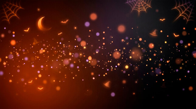 Orange and purple bokeh lights with crescent moon bats witch hats spiderwebs creating a magical Halloween party atmosphere bat hat spiderweb night dark spooky magic celebration festive glow glowing.