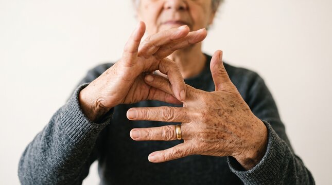 Elderly woman with arthritic hands gently stretching fingers to relieve stiffness and pain