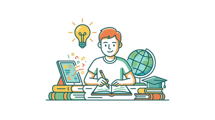 Fototapeta premium Man Using Laptop and Computer at Desk for Business Work, Education, Online Study and Technology Vector Illustration