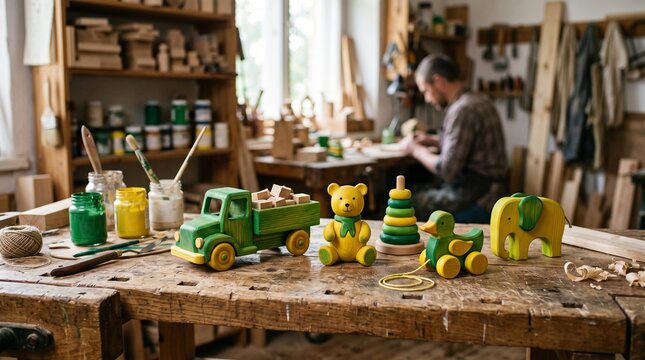 Artisan craftsman in workshop creating handmade wooden toys including a truck bear duck and elephant