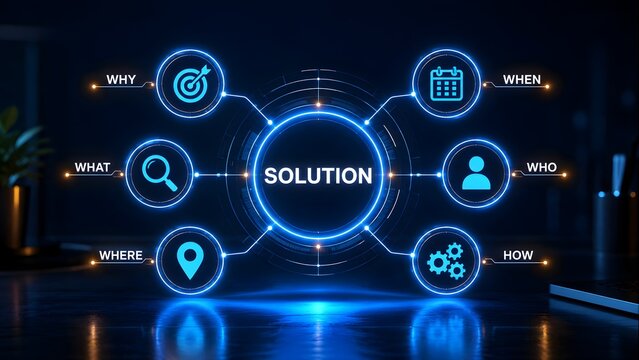 Futuristic Digital Solution Interface with Glowing Blue Holographic Nodes Displaying Strategic Problem Solving Questions