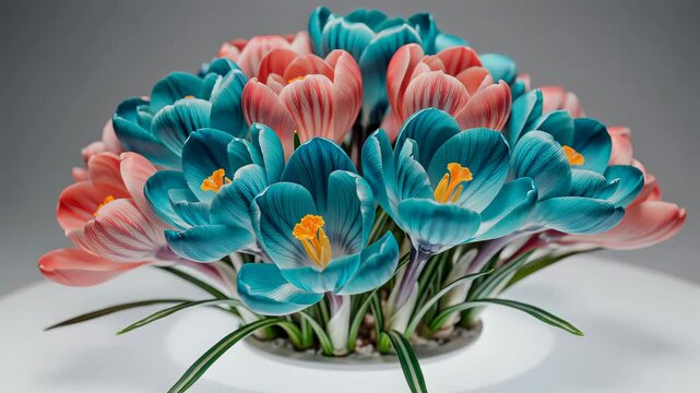 Still life of vibrant blue and pink crocus flowers in a white bowl, bright lighting, studio composition. Floral design, decoration, spring concept.
