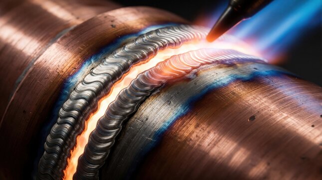 Close-up of molten silver brazing copper pipe joint with intense heat and flame. Precision metal joining for industrial plumbing and fabrication applications.