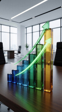 Glass bar chart shows upward trend with green arrows. This symbolizes business growth, financial success and progress in a modern office. Data visualization for analysis and planning.