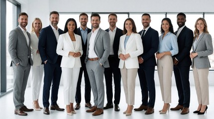 Obraz premium Diverse group of business professionals stand together in modern office. Smiling colleagues in elegant suits, formal attire pose for team portrait. Successful corporate employees work in stylish