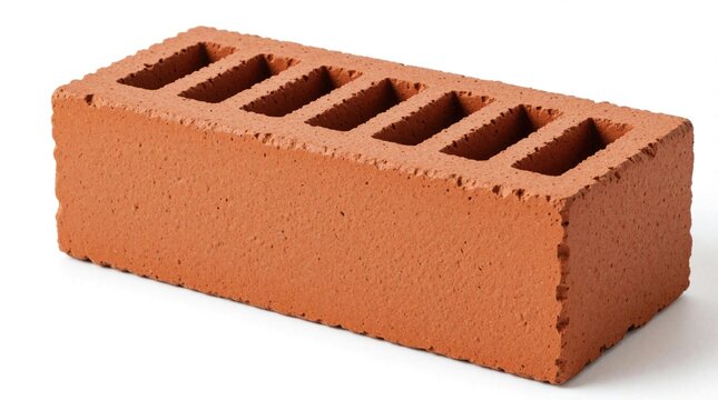 Single red clay brick with six rectangular holes lies on white surface. This building material has smooth texture and sharp edges perfect for construction.