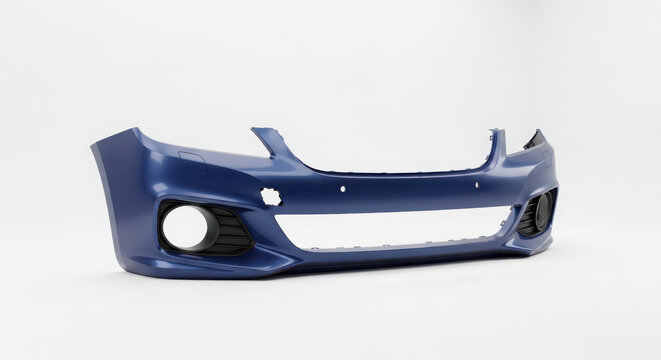 Sleek dark blue painted front car bumper, an essential automotive replacement part for vehicle body repair, on white background. on white background