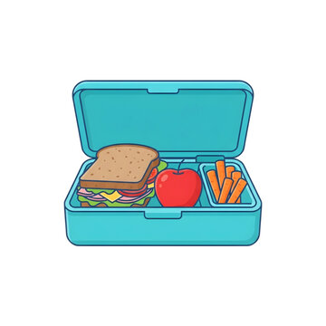 Open lunch box illustration with a healthy sandwich, apple, and carrot sticks, isolated on white background