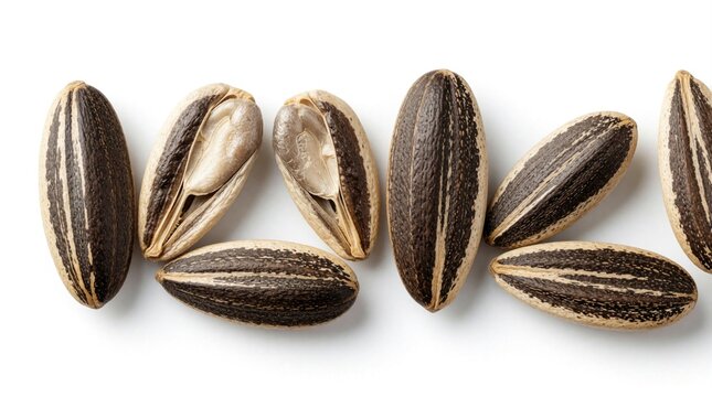 Macro view of sunflower seeds, some split open revealing kernels. Striped shells lie on white surface. Healthy natural snack ingredients for food and recipes.