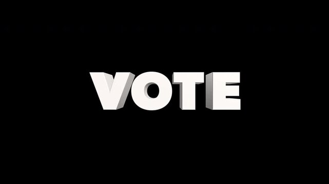 Animation of white 3D letters spelling VOTE, rotating on z-axis and zooming in unison toward camera on black background. Dynamic text motion. Seamless loop.