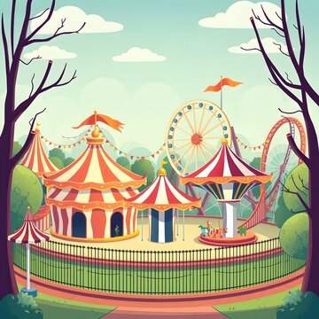 A vibrant carnival scene with a ferris wheel and carousel tents.