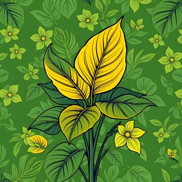 Illustration of vibrant green and yellow floral pattern with bold leav