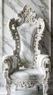Ornate white marble throne chair with intricate carvings stands against matching stone wall. Luxury baroque furniture features grand rococo style, majestic craftsmanship. Elegant royal shows opulent