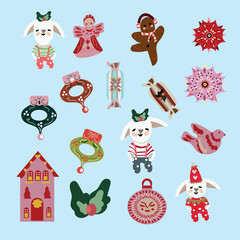 Naklejka premium Cute Christmas clipart vector set for holiday greeting card, gift tag, sticker pack, nursery print.