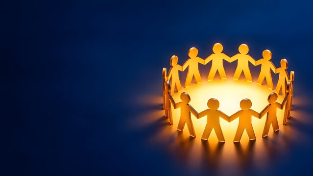 Human figure circle holding hands around glowing light symbolizing unity and teamwork