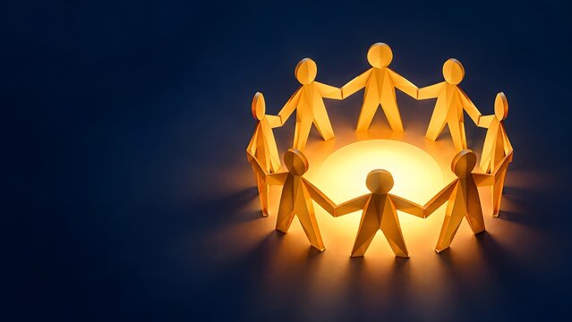 Geometric origami paper human figures holding hands in circle with glowing center