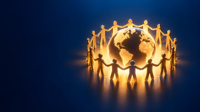 Gold human figures holding hands around glowing earth globe symbolizing global unity