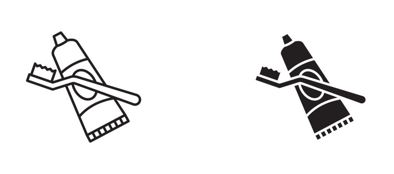 Toothbrush and toothpaste icon flat outline in black