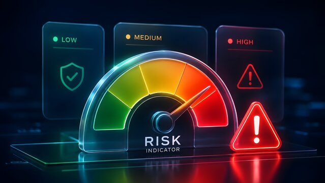 Glowing glass risk indicator gauge with high alert warning triangle on dark technology background.