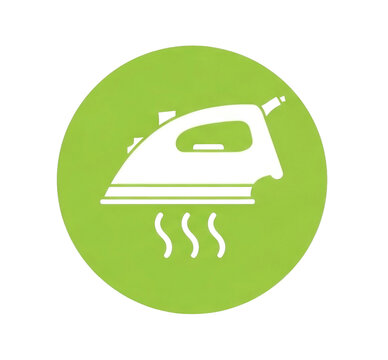 Clothes iron icon on green circle. Household appliance symbol for laundry care Cutout PNG