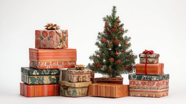 A small decorated miniature tree surrounded by stacks of vintage patterned gift boxes