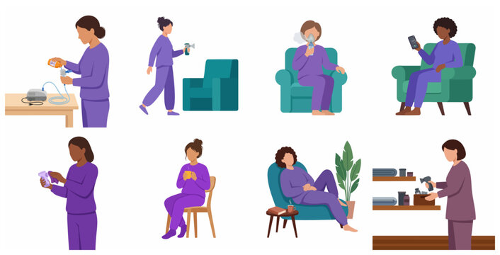 Medical illustration set of women using nebulizers and inhalers for respiratory treatment and home healthcare