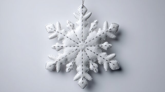 A white felt snowflake ornament with stitched silver thread detail hanging against a plain