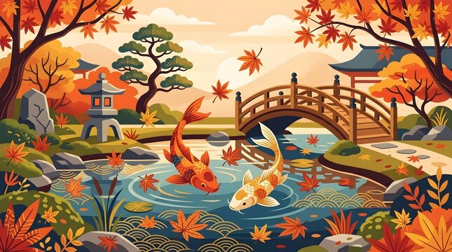 Vibrant Japanese autumn garden illustration with koi pond, arched bridge, maple leaves and traditional scenery in warm seasonal colors