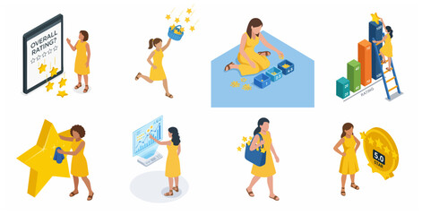 Fototapeta premium Set of Isometric Characters Dealing with Online Rating, Star Reviews, and Customer Satisfaction Analysis