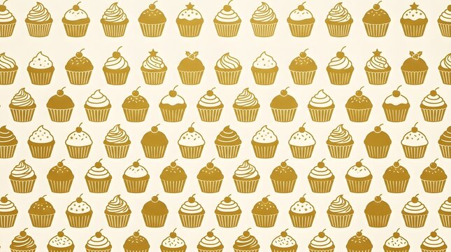 Seamless cupcake pattern in golden cream tones featuring rows of frosted pastries for cheerful bakery, dessert and celebration designs