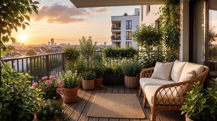 Obraz premium Balcony garden with lush plants and city skyline at sunset. Wooden deck, wicker sofa, flowers. Peaceful urban oasis, comfortable living, nature escape.