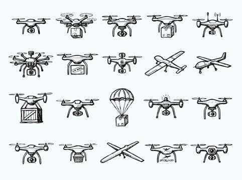Hand drawn drone icon set for aerial photography and automated package delivery services.