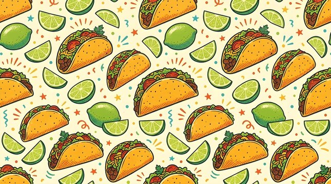 Bright seamless pattern of tacos, lime wedges and peppers creating a playful Mexican food background for restaurant branding, packaging and textiles