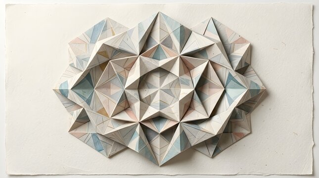 Geometric folded paper sculpture with layered faceted forms on a white sheet, illustrating modern origami craft, creativity and abstract design