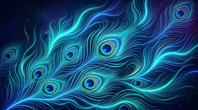 Deep blue and turquoise peacock feather pattern with luminous eye motifs creating an exotic decorative background for fashion, textiles and interiors